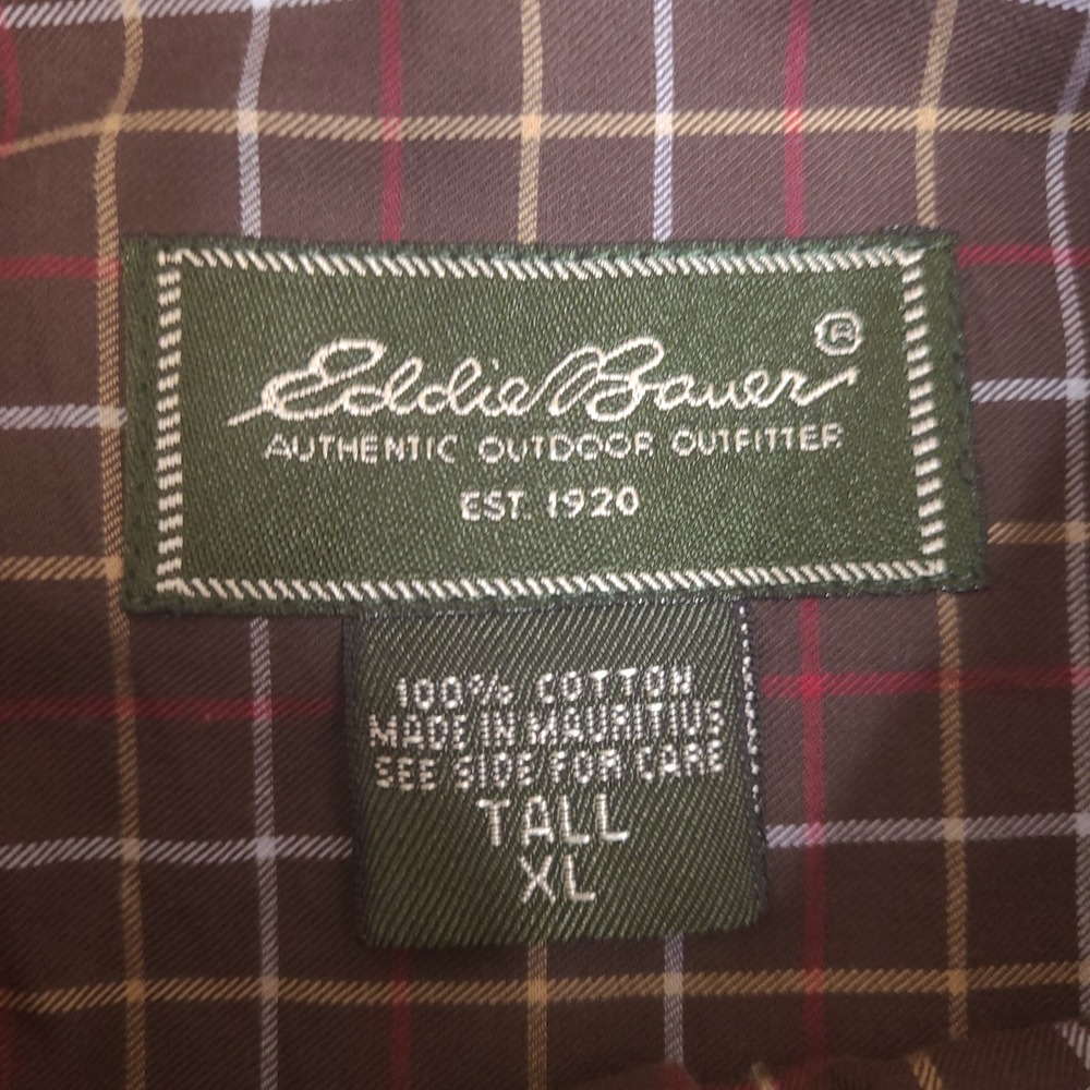 Eddie Bauer Mens Button‎ Down Shirt XLT Tall XL Brown Plaid Long Sleeve Cotton - Picture 3 of 13